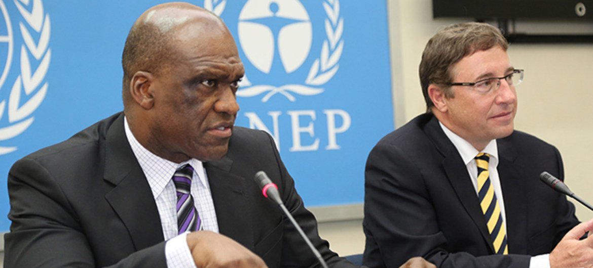 General Assembly President John Ashe (left) with UNEP Executive Director Achim Steiner at the closing press conference of the Global South-South Development Expo in Nairobi, Kenya.
