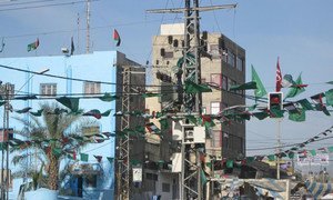 Electrical power transmission lines in Gaza City.