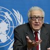 Joint Special Representative of the UN and the League of Arab States Lakhdar Brahimi briefs journalists in Geneva.