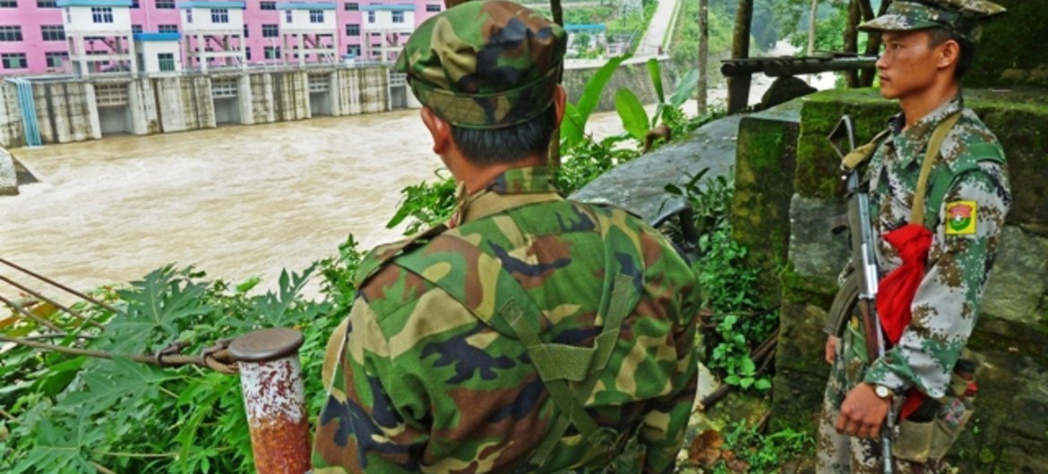 Two soldiers stand guard at a post in northern Myanmar. (file)