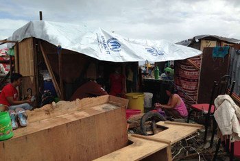 Survivors of Super Typhoon Haiyan (local name Yolanda), at their makeshift home in San Roque, Leyte province in the Philippines.