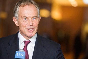 Former British Prime Minister Tony Blair speaks to reporters.