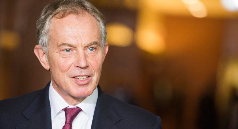 Former British Prime Minister Tony Blair speaks to reporters. UN Photo/Mark Garten