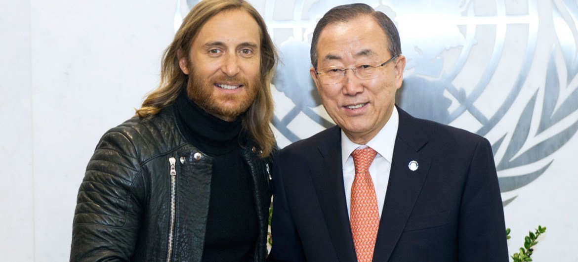 Renowned music producer and deejay, David Guetta (left) with Secretary-General Ban Ki-moon.