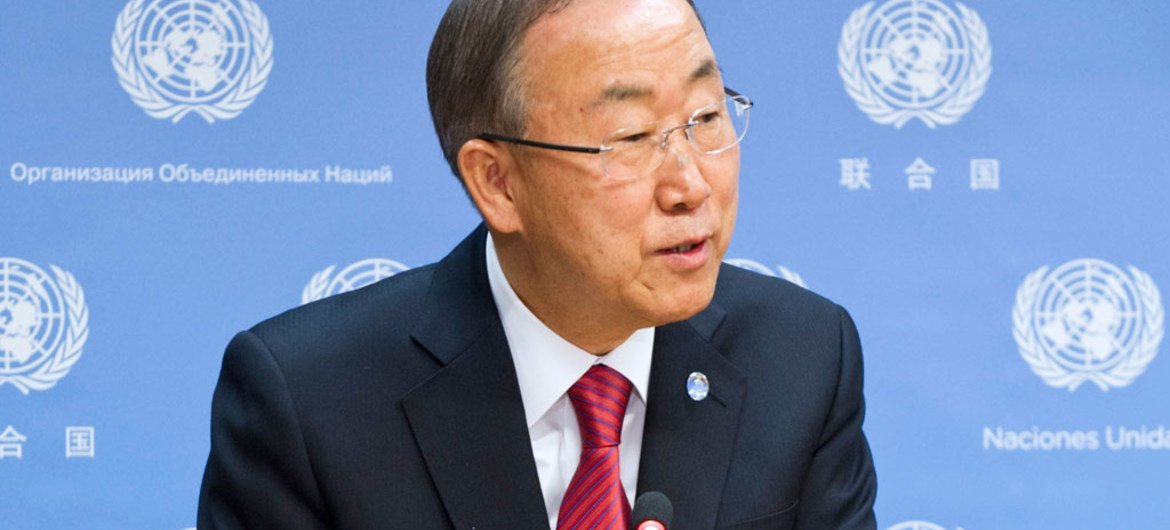 Secretary-General Ban Ki-moon addresses journalists at United Nations Headquarters.