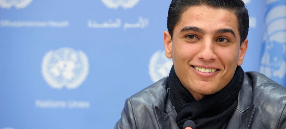 Mohammed Assaf, UNRWA Regional Youth Ambassador and Winner of Arab Idol 2013 speaks to journalists.