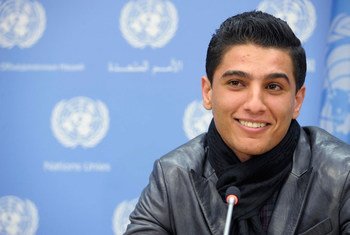 Mohammed Assaf, UNRWA Regional Youth Ambassador and Winner of Arab Idol 2013 speaks to journalists.