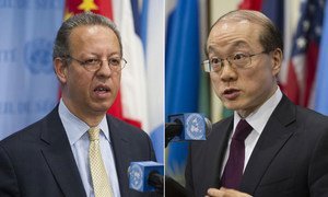 Special Adviser on Yemen Jamal Benomar (left) and Council President, Ambassador Liu Jieyi of China, brief the press.