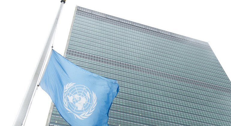 The UN flag flies at half-mast