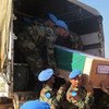 The remains of two UN peacekeepers from the Indian Battalion, killed in action on 19 December 2013 in Akobo Town, Jonglei State, South Sudan, arriving in Juba for a memorial ceremony.