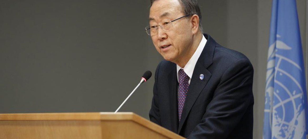 Le Secrétaire général de l'ONU, Ban Ki-moon, en conférence de presse au Siège de l'ONU, à New York.