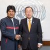 El Secretario General de la ONU, Ban Ki-moon, con el Presidente de Bolivia, Evo Morales  Foto archivo:ONU /Mark Garten