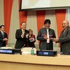 Evo Morales en la ceremonia que dio inicio a la presidencia de Bolivia en el G77 en 2014. Foto de archivo: ONU/Paulo Filgueira