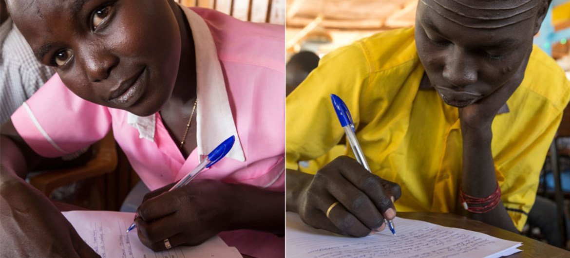 Youth taking their Primary School Leaving Examination (PSLE) in UN bases in Juba, South Sudan. Their exams, scheduled for 16 December, were disrupted by fighting last year. UNMISS/Isaac Alebe Avoro Lu’ba
