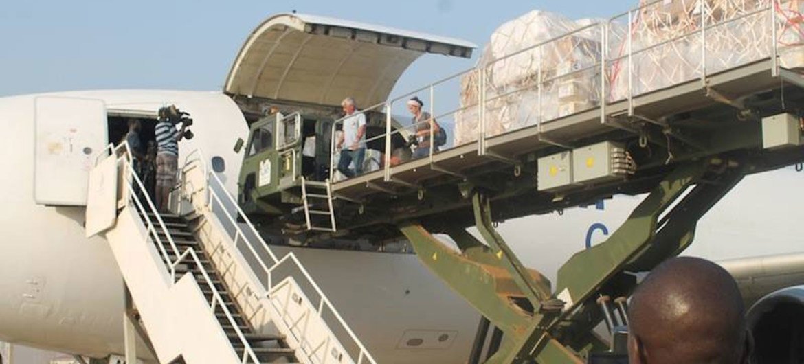 The first of two UNICEF-chartered planes arrive in Juba, South Sudan, loaded with supplies for women and children.