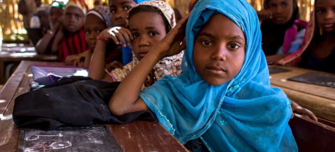 Young girls attend a maths class at a school in Niger's Diffa region, where more than half of the students are Nigerians who have been displaced by fighting.