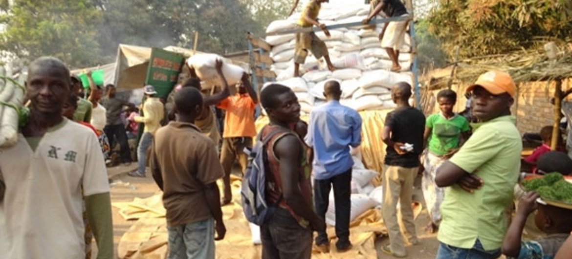 Food aid arriving at an IDP camp in Bangui, Central African Republic.