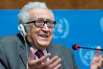 Joint Special Representative of the UN and the League of Arab States for Syria Lakhdar Brahimi addressing a press conference in Geneva.