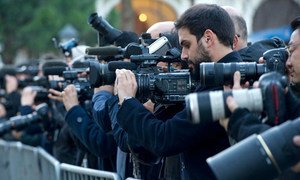 Journalists wait for the arrival of official delegations at the Geneva II Conference on Syria, in Montreux, Switzerland. UN Photo/Violaine Martin