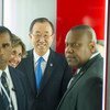Secretary-General Ban Ki-moon (centre) arrives at José Martí International Airport in Havana, Cuba on his first visit to the country.