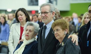 Academy award winning filmmaker Steven Spielberg (centre), stands with Holocaust survivors Fira Stukelman (left) and Rena Finder,at the International Day of Commemoration in Memory of the Victims of the Holocaust.