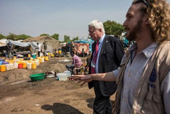 Under-Secretary-General for Peacekeeping Operations Hervé Ladsous (second right) on a visit to the protection of civilians area at the UNMISS base in Tomping, South Sudan.