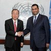 Secretary-General Ban Ki-moon (left) meets with Sultan Ahmed Al Jaber, Minister of State and Special Envoy for Energy and Climate Change of the United Arab Emirates.