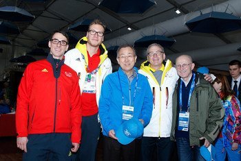 Secretary-General Ban Ki-moon (centre) visits the Olympic village in Sochi, Russian Federation, and meets with athletes and officials of the 2014 Winter Olympic Games.