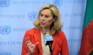 Special Coordinator of the Joint Mission of the OPCW and the UN Sigrid Kaag speaks to journalists following a closed-door meeting of the Security Council.