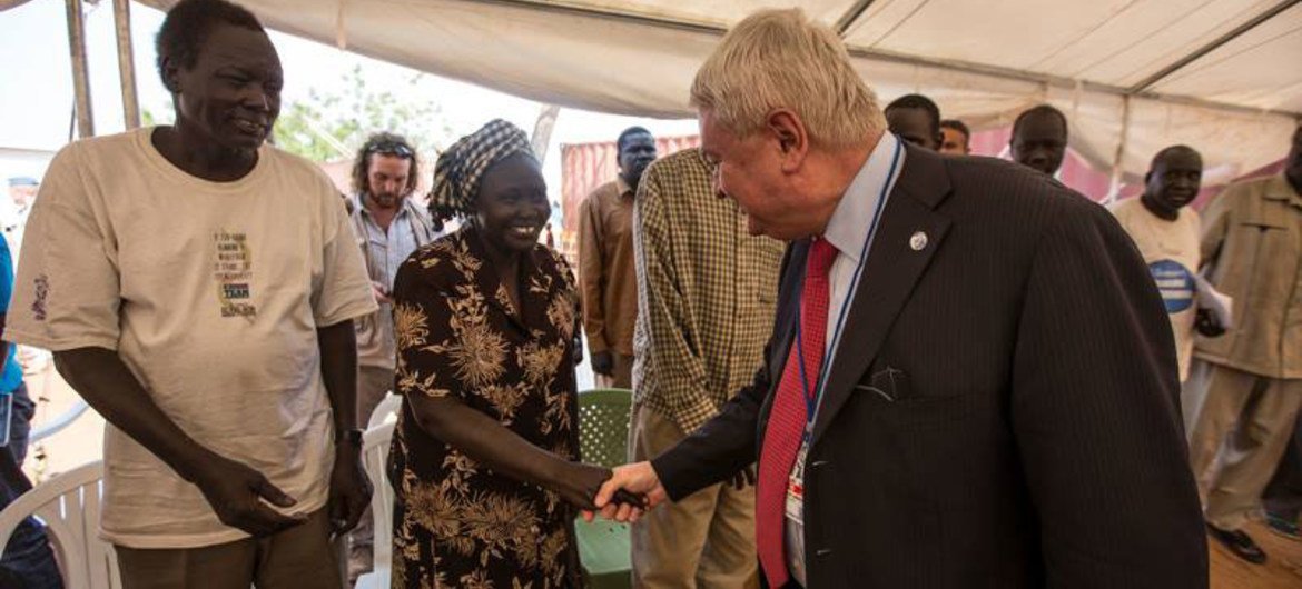 Under-Secretary-General for Peacekeeping Operations Hervé Ladsous on a visit to the protection of civilians area at the UNMISS base in Tomping South Sudan on 3 February 2014.