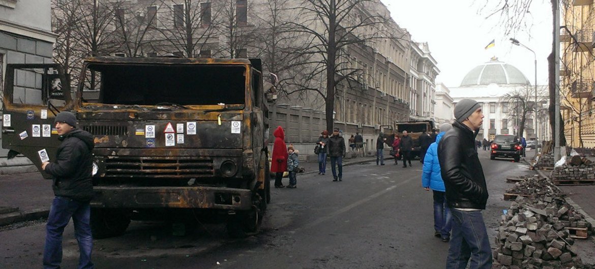 The remains of burnt vehicles following the recent demonstrations in Kiev, Ukraine. (February 2014).