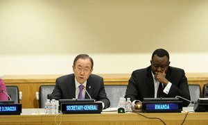 Secretary-General Ban Ki-moon (left) speaks at the launch of “Kwibuka20,” a series of observances marking 20 years since the genocide in Rwanda. At his side is Ambassador Eugène-Richard Gasana of Rwanda.