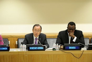 Secretary-General Ban Ki-moon (left) speaks at the launch of “Kwibuka20,” a series of observances marking 20 years since the genocide in Rwanda. At his side is Ambassador Eugène-Richard Gasana of Rwanda.