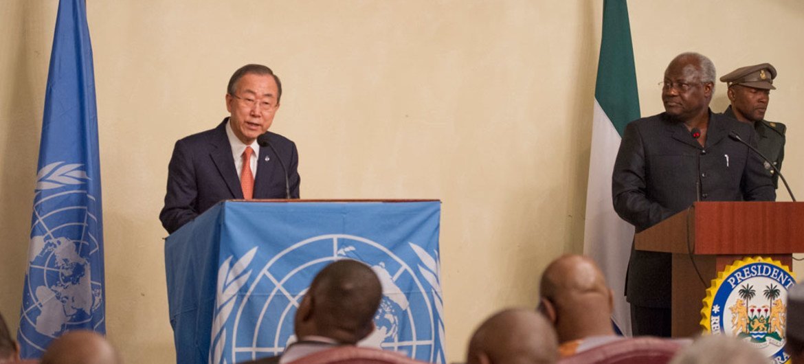 Secretary-General Ban Ki-moon (left) addresses a joint press conference with President Ernest Bai Koroma of Sierra Leone.