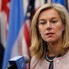 Special Coordinator of the Joint Mission of the OPCW and the UN to eliminate Syria’s chemical weapons programme, Sigrid Kaag, speaks to journalists following a closed-door meeting of the Security Council.