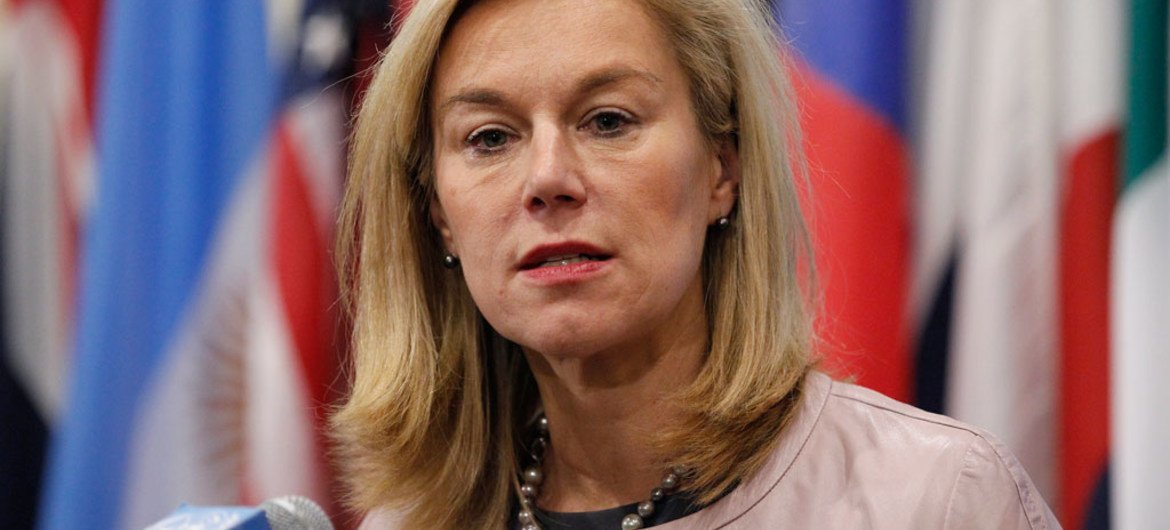 Special Coordinator of the Joint Mission of the OPCW and the UN to eliminate Syria’s chemical weapons programme, Sigrid Kaag, speaks to journalists following a closed-door meeting of the Security Council.