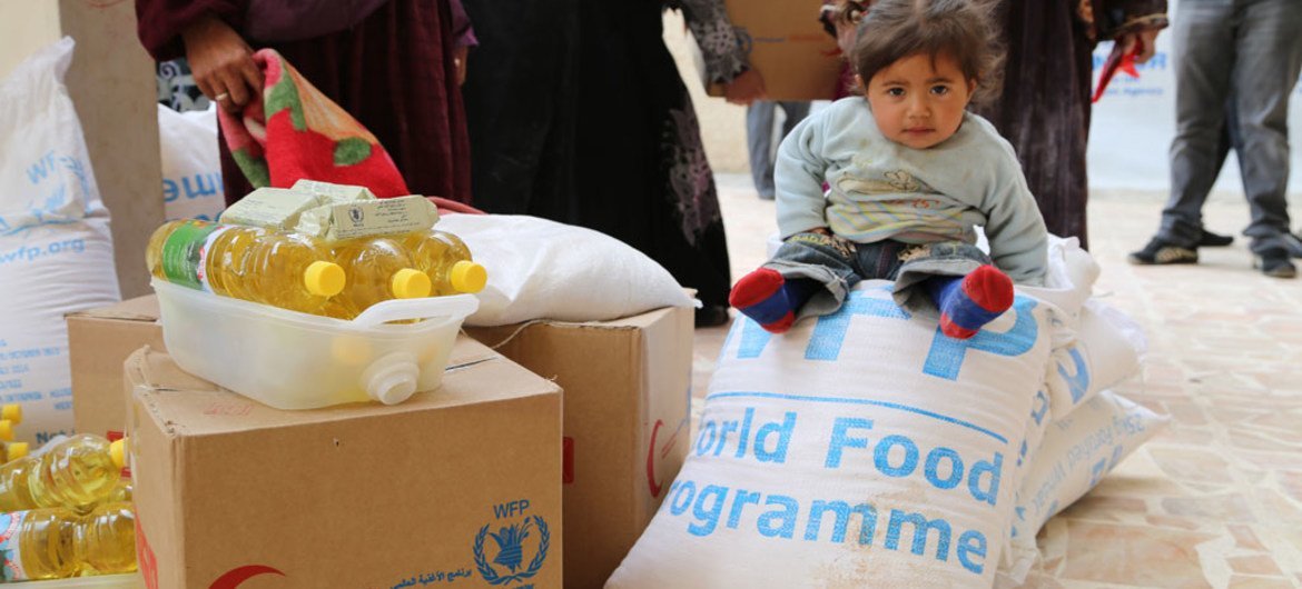 一个正在等待联合国分发救援食品的小女孩儿。联合国世界粮食署图片/Dina El-Kassaby