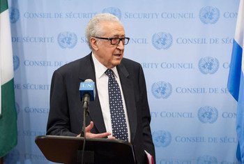 Lakhdar Brahimi, Joint Special Representative of the UN and the League of Arab States for Syria, briefs reporters.
