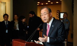 Secretary-General Ban Ki-moon briefs reporters at UN Headquarters.