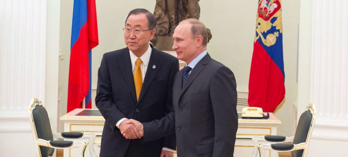 Secretary-General Ban Ki-moon (left) meets with Russian President Vladimir Putin in Moscow.