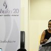 Artist and poet Angel Uwamahoro presents poem at the launch in New York of “Kwibuka20” to mark the twentieth commemoration of the genocide in Rwanda.