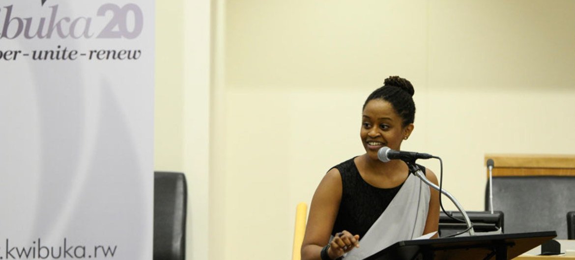 Artist and poet Angel Uwamahoro presents poem at the launch in New York of “Kwibuka20” to mark the twentieth commemoration of the genocide in Rwanda.