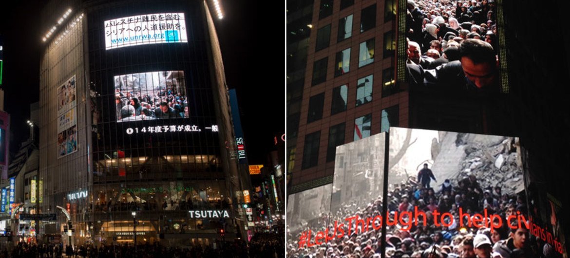 The iconic image of a huge crowd waiting for UNRWA food parcels in the Palestinian refugee camp of Yarmouk, Damascus has gone up simultaneously on the "Jumbotron" billboard in New York's Times Squareand in Tokyo’s Shubyia district on the same day