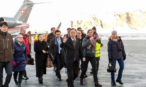 Secretary-General Ban Ki-moon  arrives in Kangerlussuaq, Greenland, with Prime Minister Helle Thorning-Schmidt of Denmark.