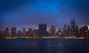 “Lights out” for the United Nation Headquarters complex in New York in observance of “Earth Hour,” an annual global event raising awareness about the need to take action on climate change and promoting sustainable energy consumption.