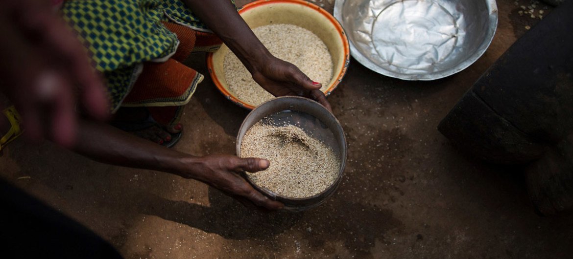 A woman sifts through seeds at a camp for people displaced by violence in the Central African Republic.