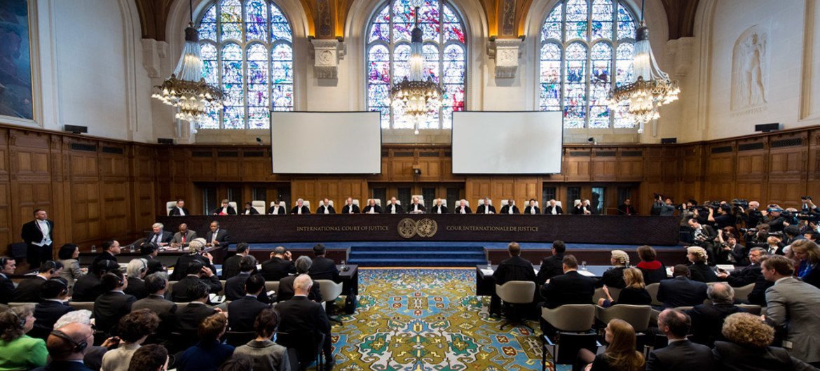 A view of the judges of the International Court of Justice (ICJ) during the session at which the court delivered its judgment in Whaling Case: Australia v. Japan.