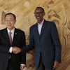 Secretary-General Ban Ki-moon with President Paul Kagame in the Rwandan capital, Kigali, on 6 April 2014.