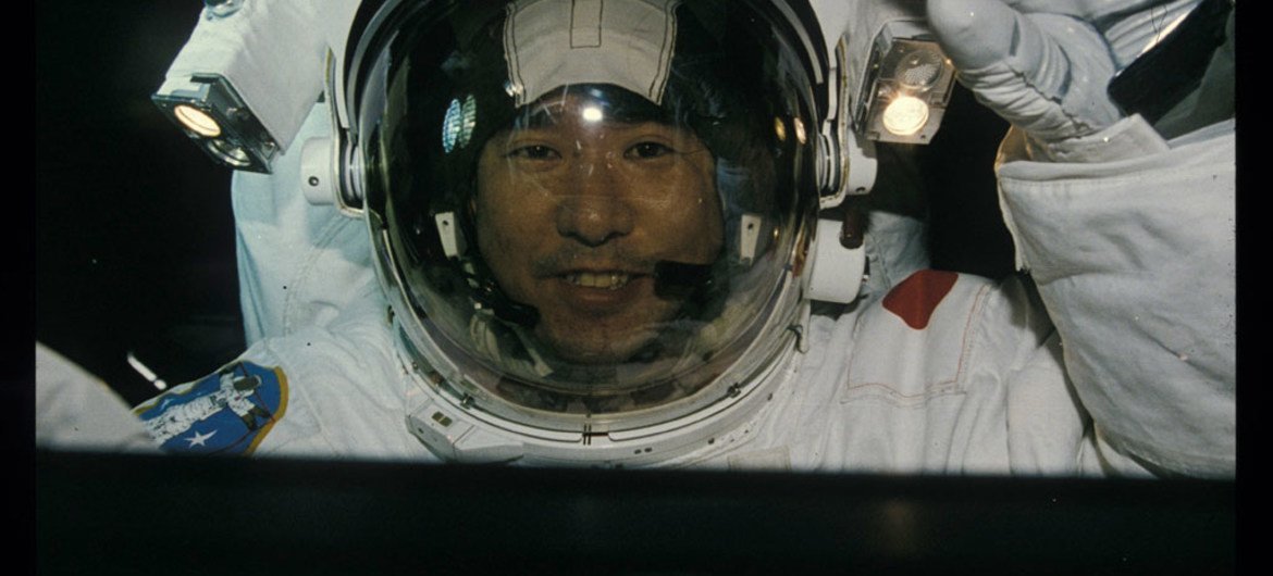 A close-up of UNOOSA space applications expert and astronaut Takao Doi aboard Columbia.