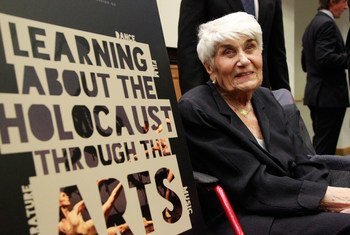 Holocaust survivor Naomi Warren participates in 'Learning about the Holocaust through the Arts' at the UN Headquarters in New York.